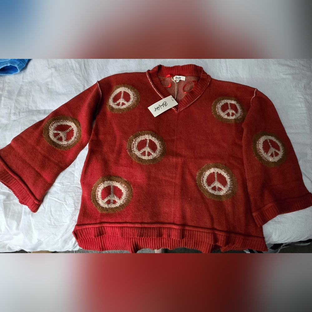 Blue Velvet Cozy Red Peace Sign Sweater. Super Soft